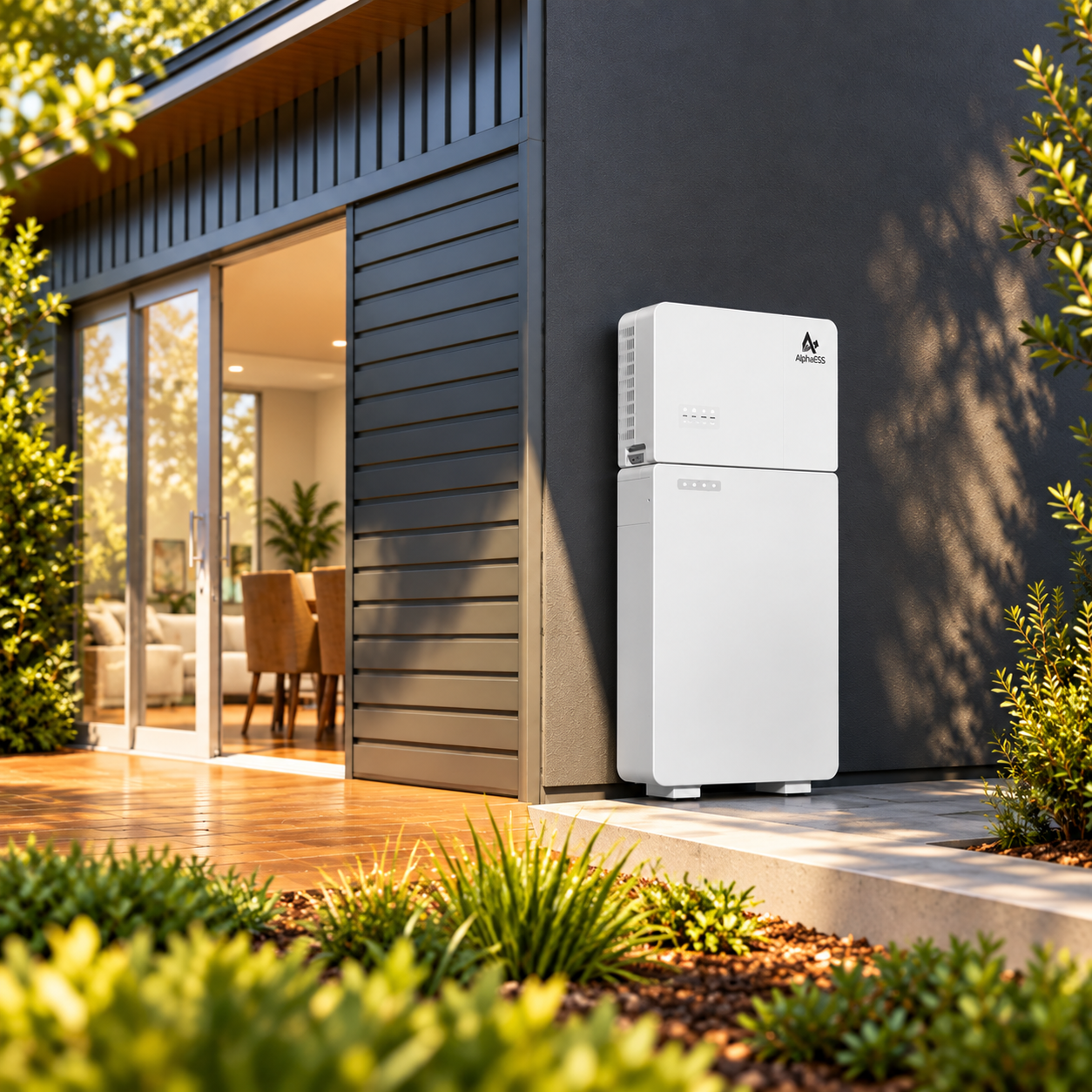 Product illustration of an AlphaESS M5 inverter and battery beside a modern home